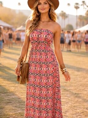 Boho Chic Maxi Dress Strapless Batik Print Festival M Resort Vacation Beach